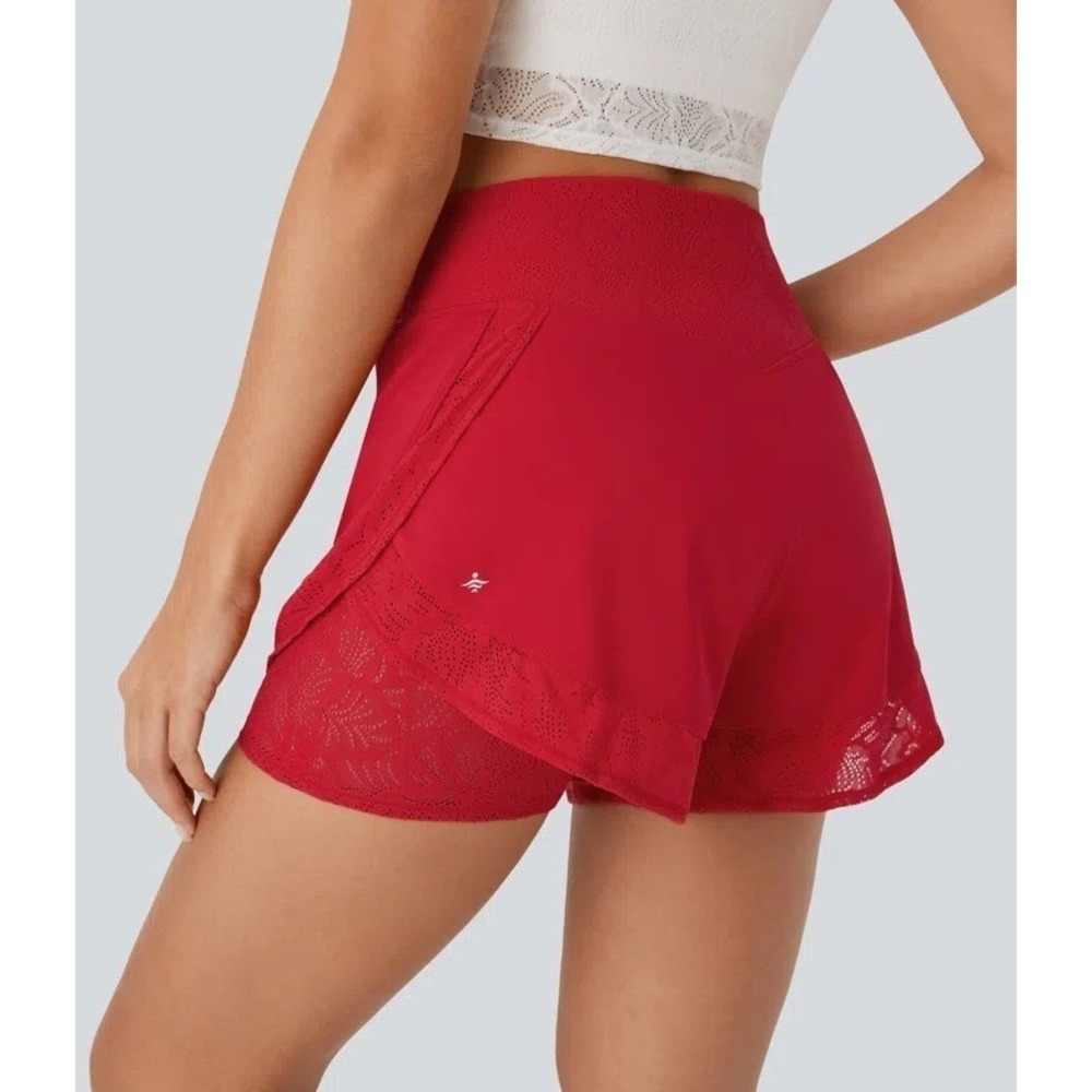 Halara Soft Airy High Waisted 2-in-1 Side Pocket Contrast Lace Cool Touch Yoga S